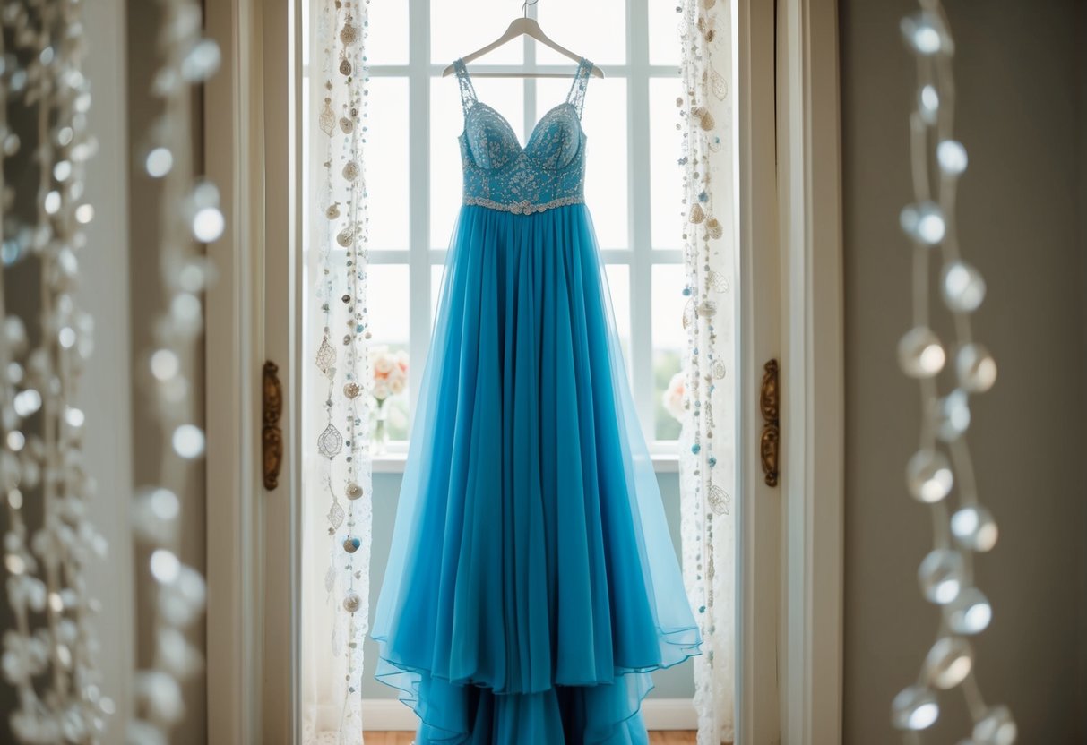 A flowing blue gown hangs in a sunlit room, surrounded by delicate lace and shimmering beads