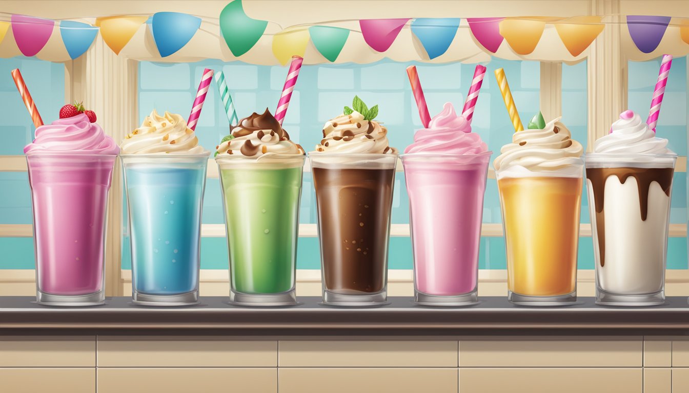 A colorful array of milkshakes, sodas, and desserts displayed on a menu board