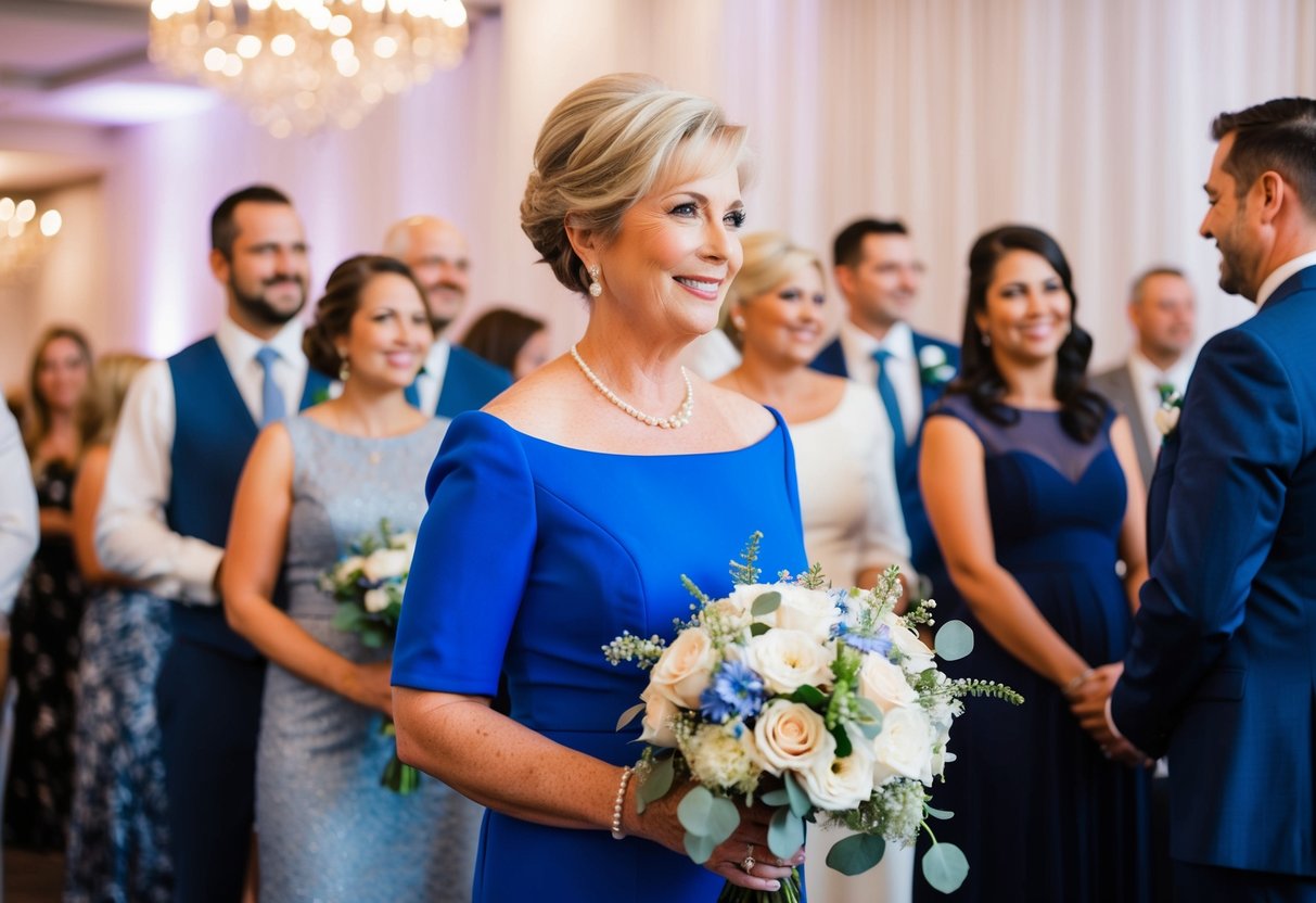 A mother of the bride wearing a blue dress, standing with a bouquet of flowers, surrounded by family and friends at a wedding reception