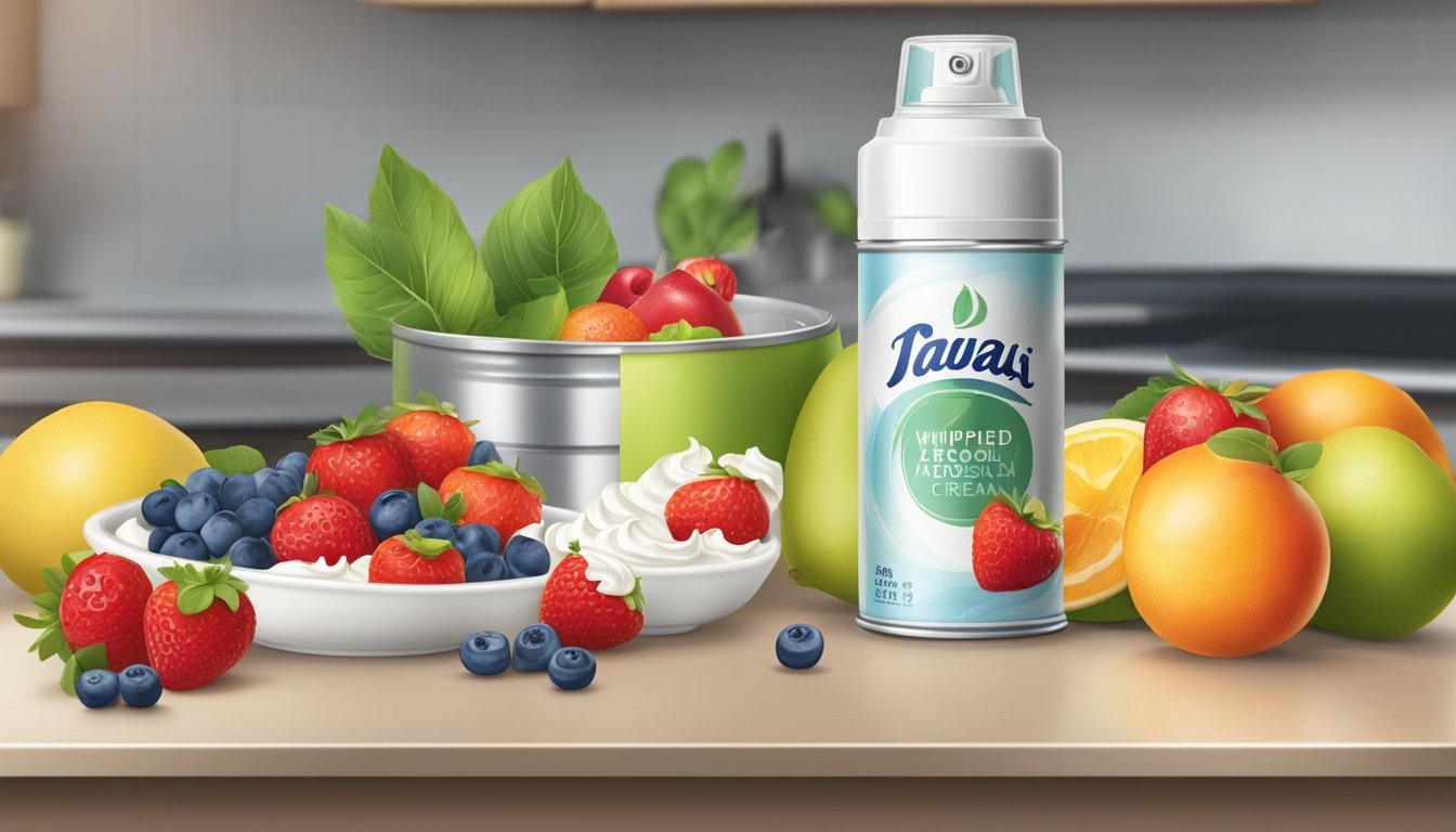 A can of aerosol whipped cream sits unopened on a clean, organized kitchen counter, surrounded by fresh fruits and a calendar