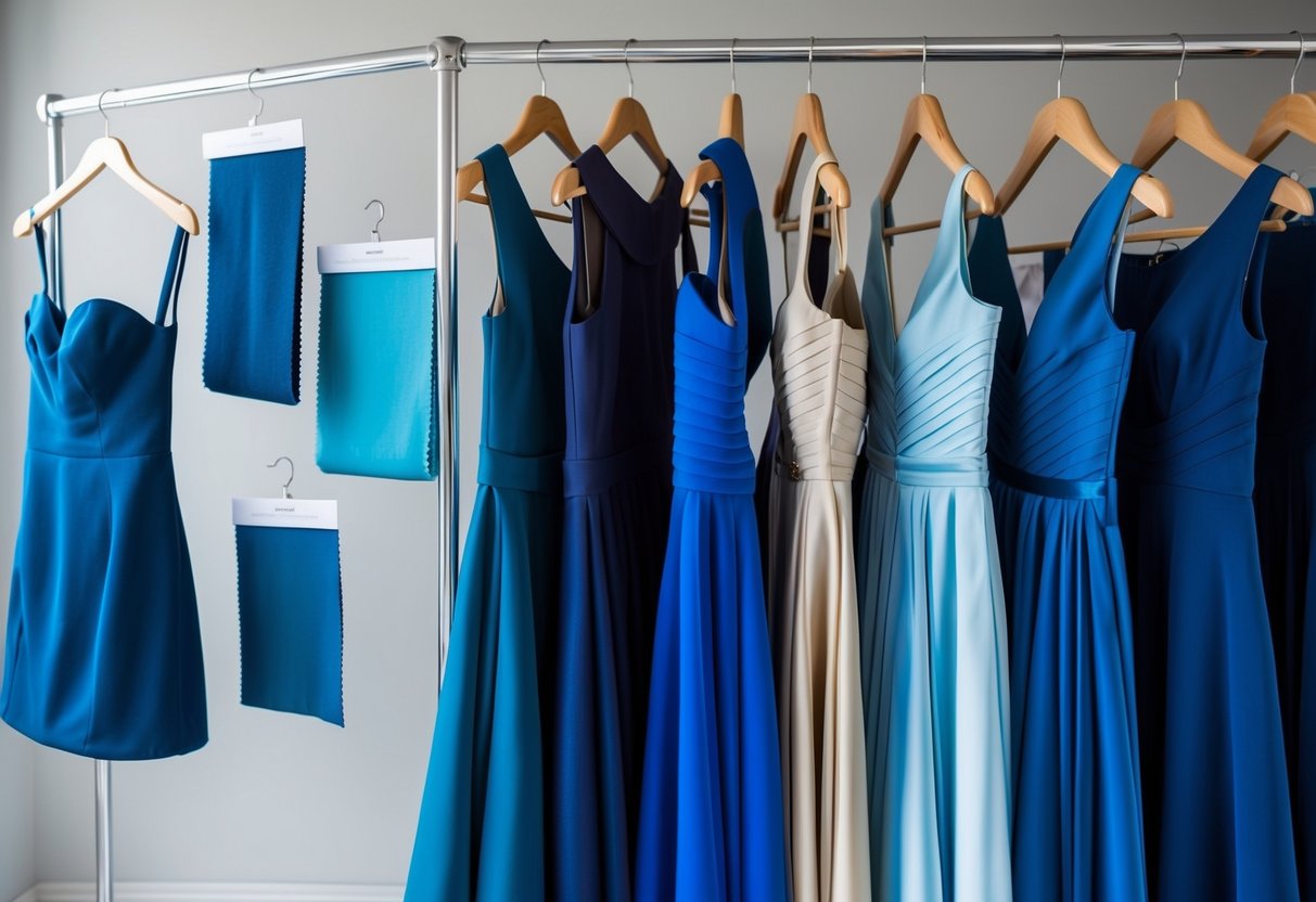 A rack of elegant dresses in various shades of blue, with swatches of fabric hanging nearby for comparison