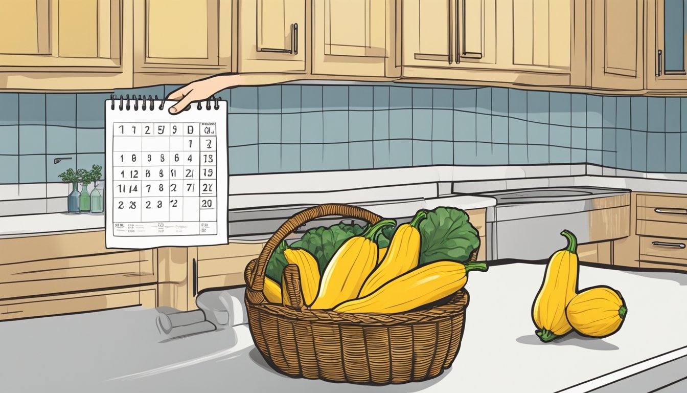 A hand reaching for a yellow squash in a wicker basket on a kitchen counter, with a calendar in the background showing the current date