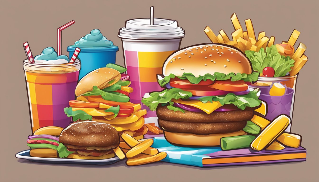 A colorful kids' meal menu featuring burgers, fries, drinks, and toys