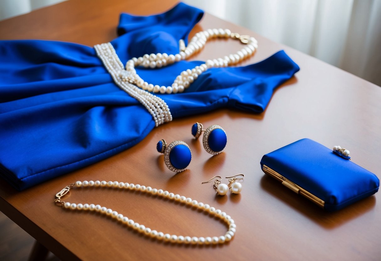 A woman's elegant blue dress and matching accessories laid out on a table, including a pearl necklace, earrings, and a clutch purse