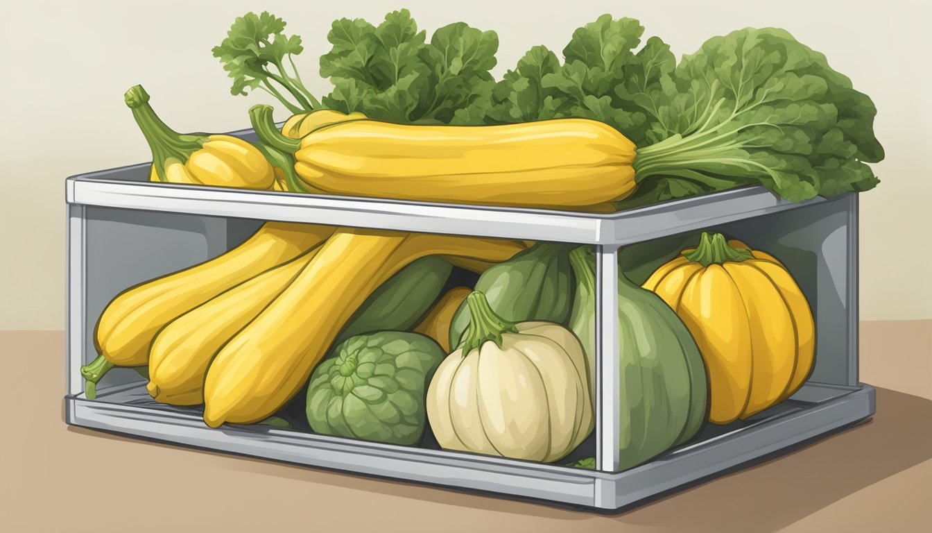 Fresh yellow squash stored in a refrigerator crisper drawer with other vegetables, wrapped in a breathable plastic bag