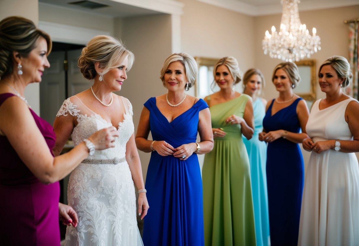 A mother of the bride tries on different colored dresses, considering both style and comfort