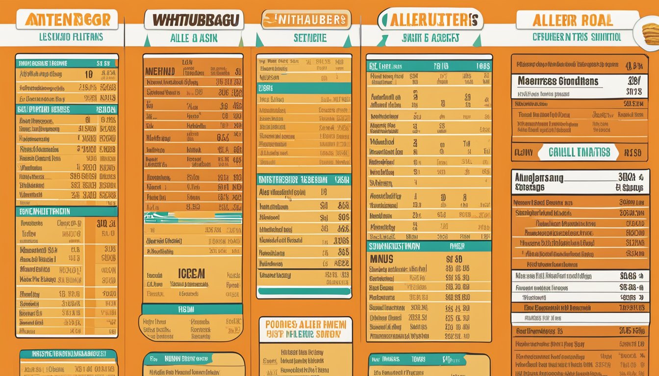 A colorful menu board displaying nutritional information and allergens for Whataburger's menu items