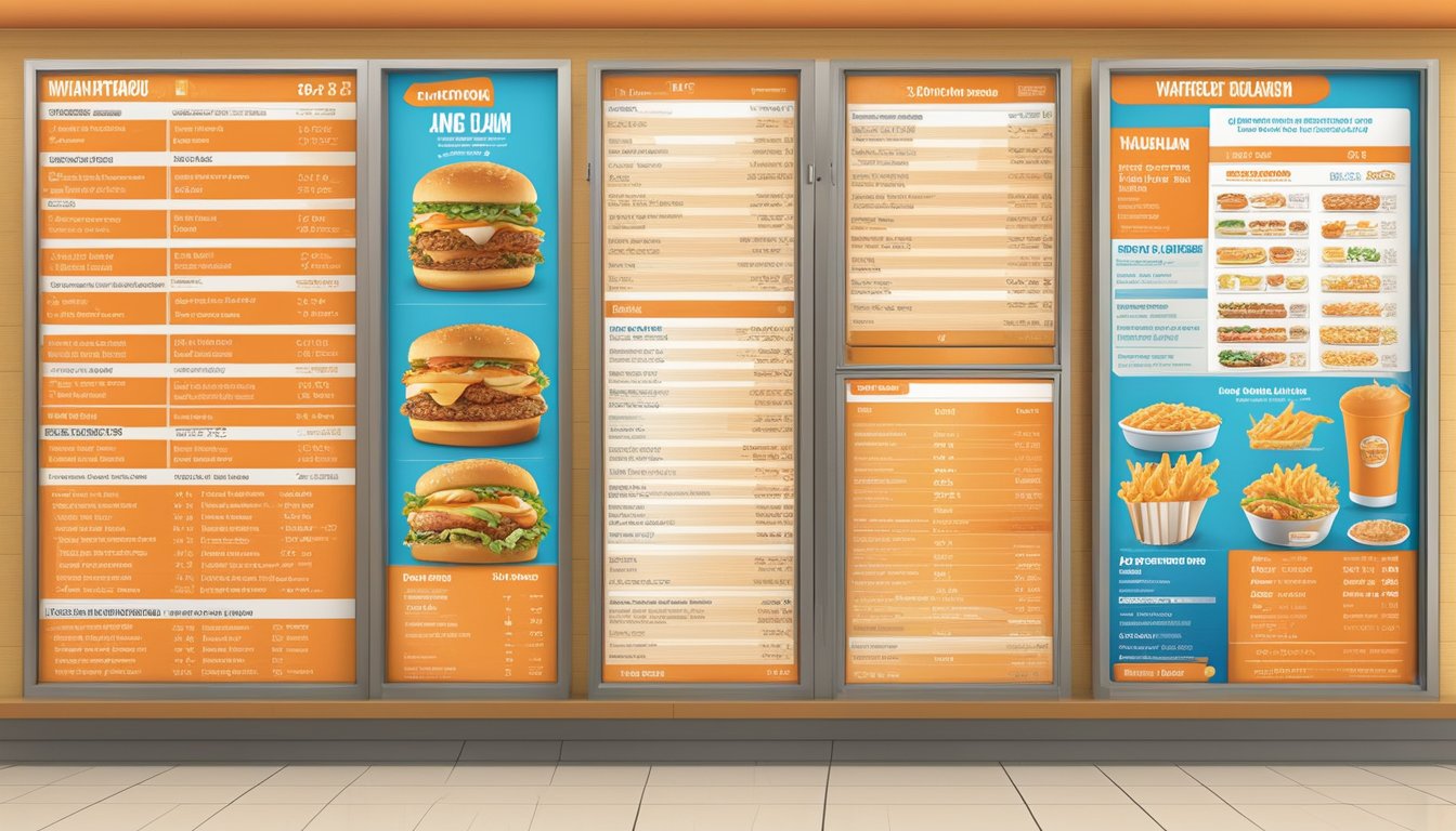 A colorful menu board displays nutritional info and dietary options at Whataburger