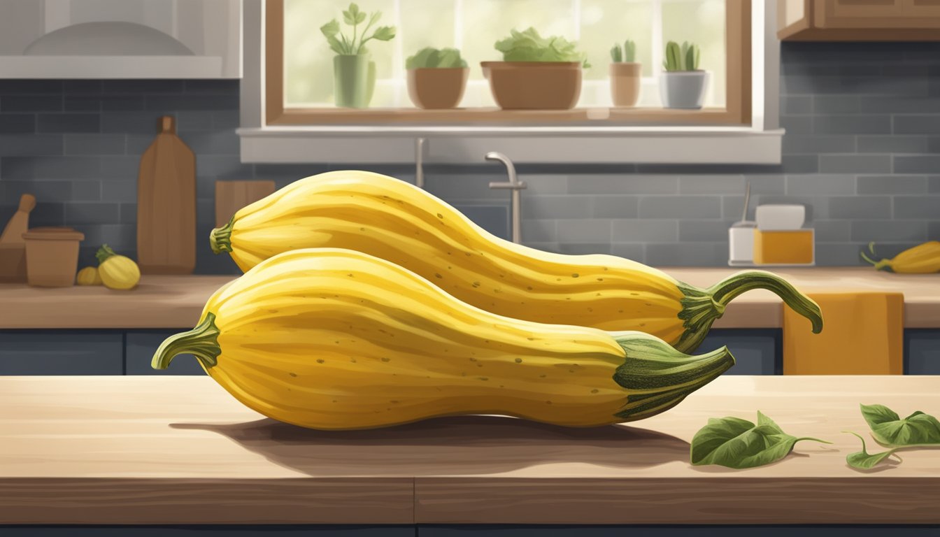 A ripe yellow squash sits on a kitchen counter, showing signs of spoilage with dark spots and a soft texture