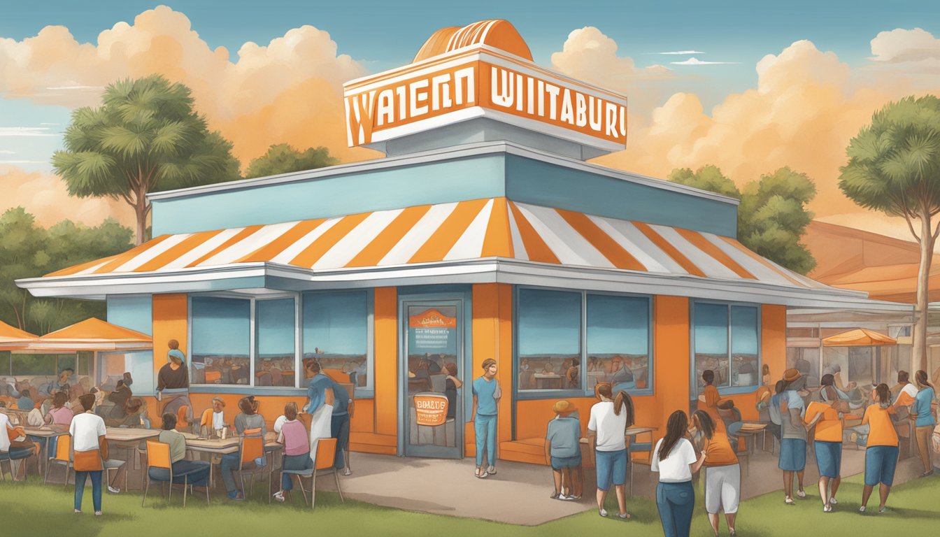 A Whataburger menu surrounded by images of community events and company policies