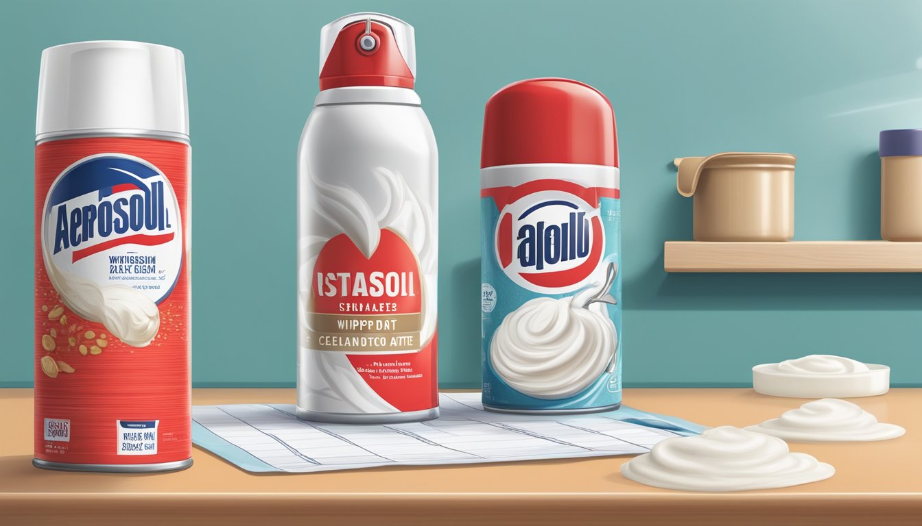 A can of aerosol whipped cream sits on a kitchen counter, next to a calendar showing the current date and an expiration date circled in red