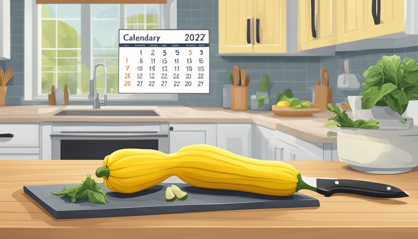 A fresh yellow squash sitting on a kitchen counter next to a cutting board and knife, with a calendar in the background marking the current date