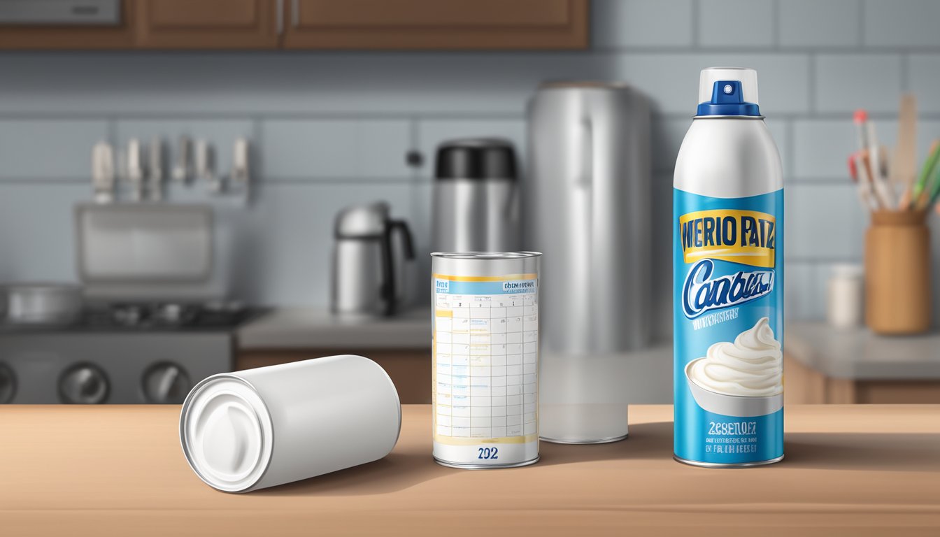 A can of aerosol whipped cream sits on a counter, next to a calendar showing the current date and an expiration date marked in the future