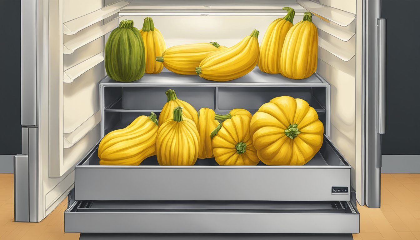 A whole yellow squash stored in a refrigerator crisper drawer