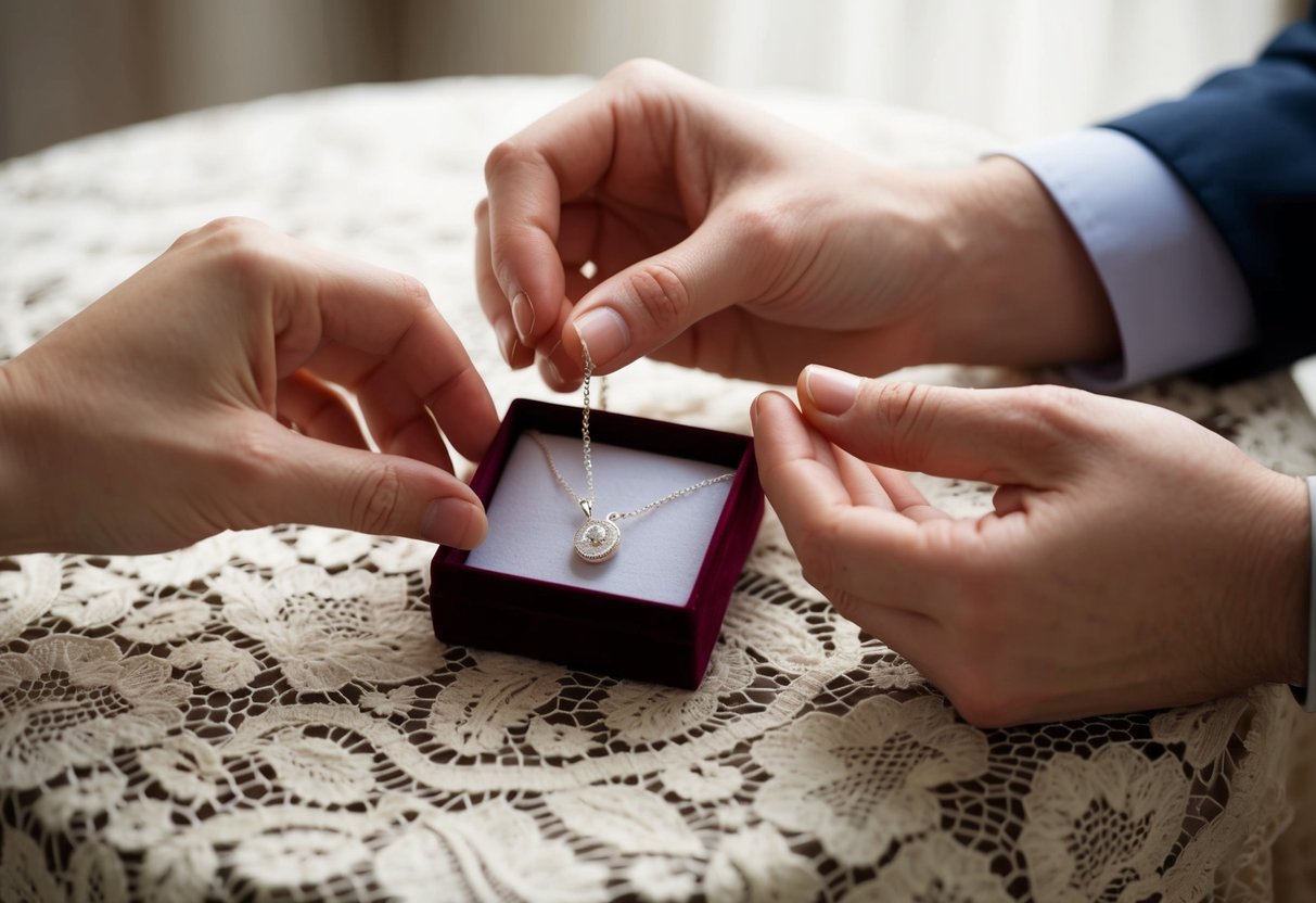 A couple places a delicate silver necklace in a velvet box on a lace-covered table