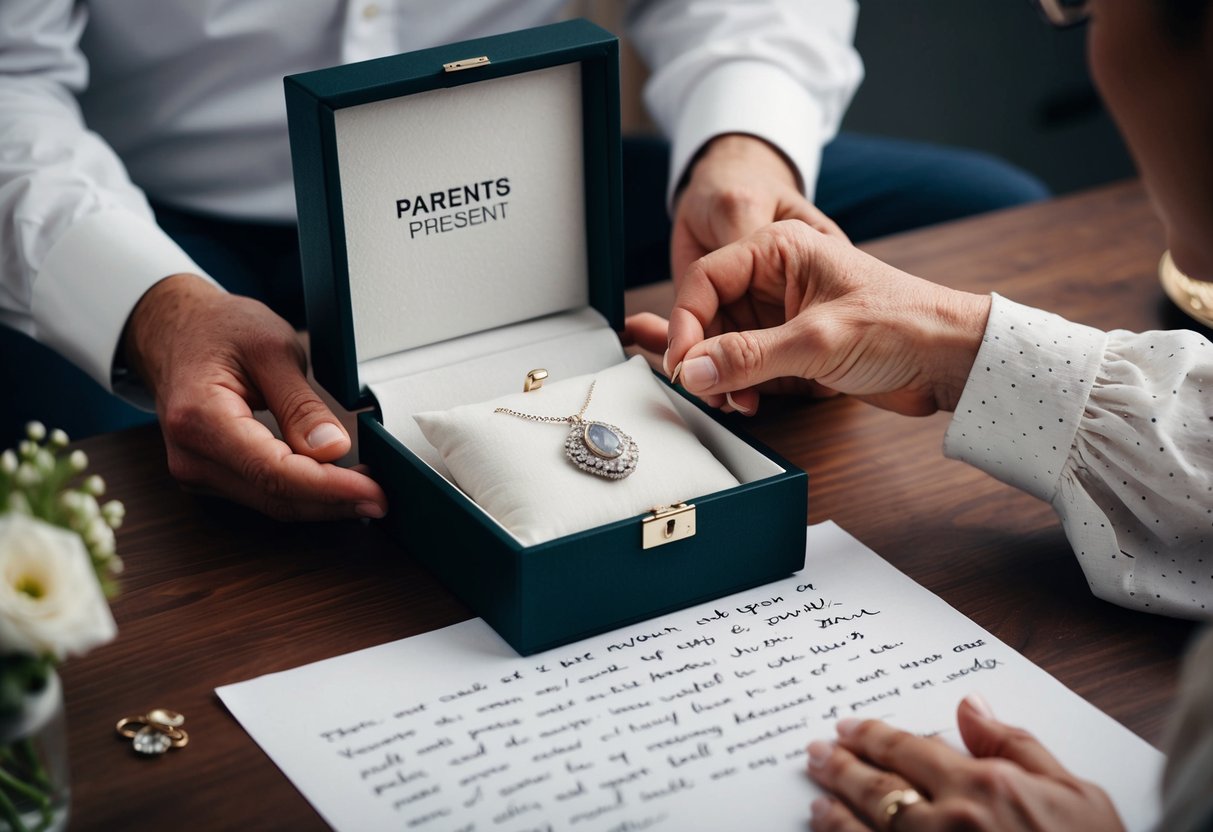 Parents present a jewelry box filled with heirloom pieces and a handwritten letter expressing their love and well wishes