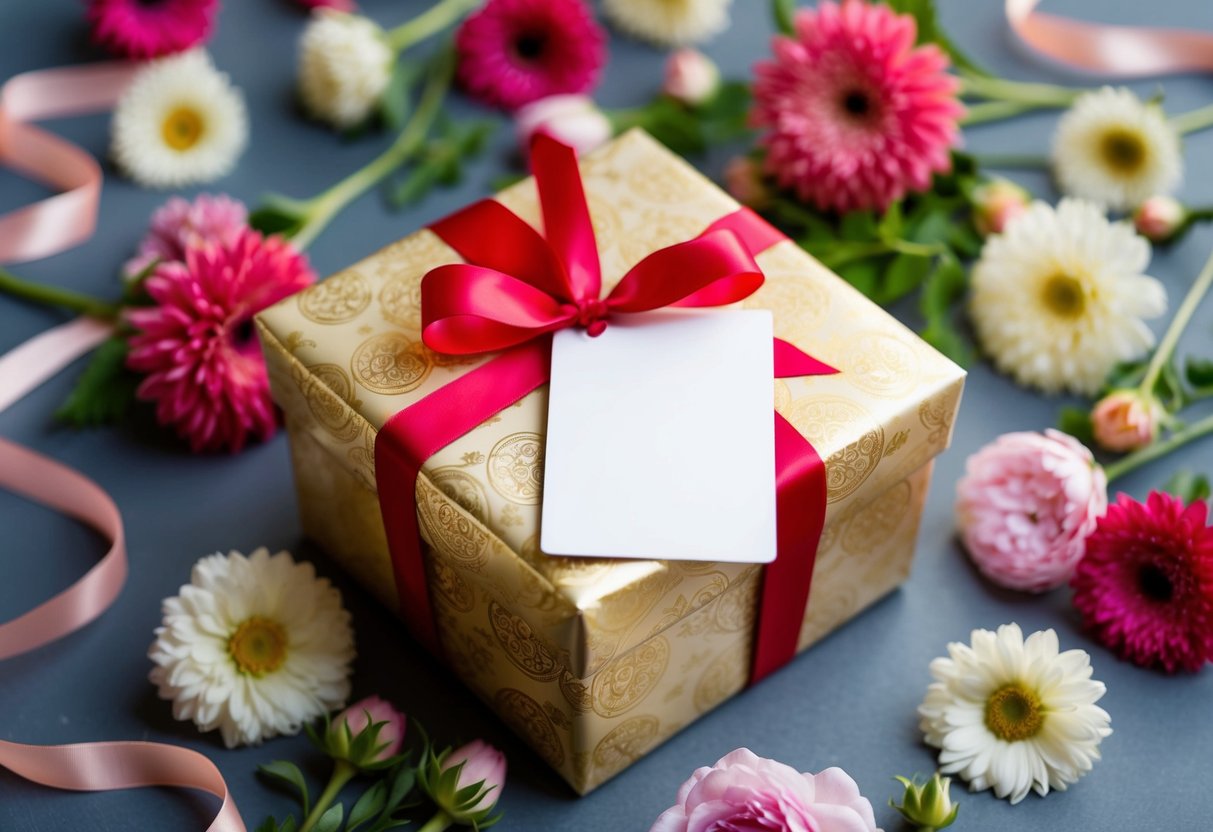 A beautifully wrapped gift box surrounded by flowers and ribbons, with a card attached
