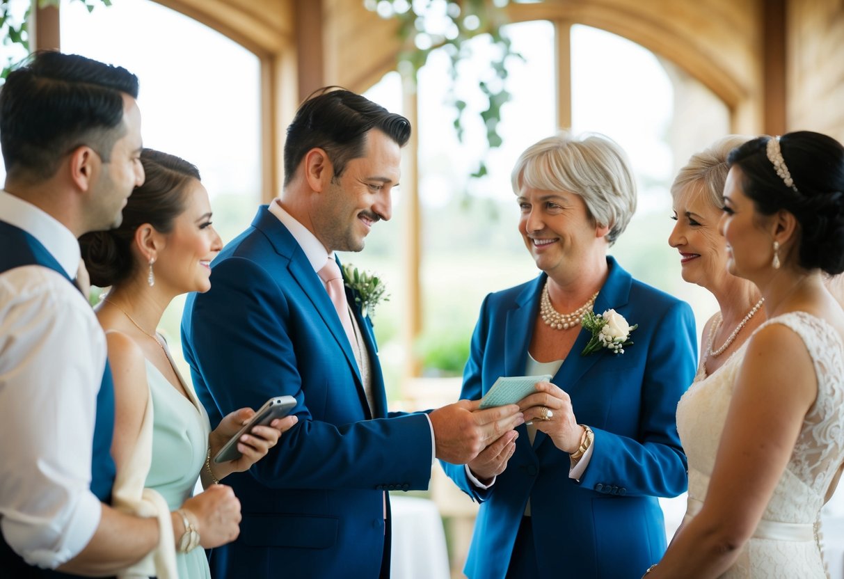 The groom's parents paying for wedding expenses, such as venue, catering, and decorations, while discussing plans with the couple and other family members