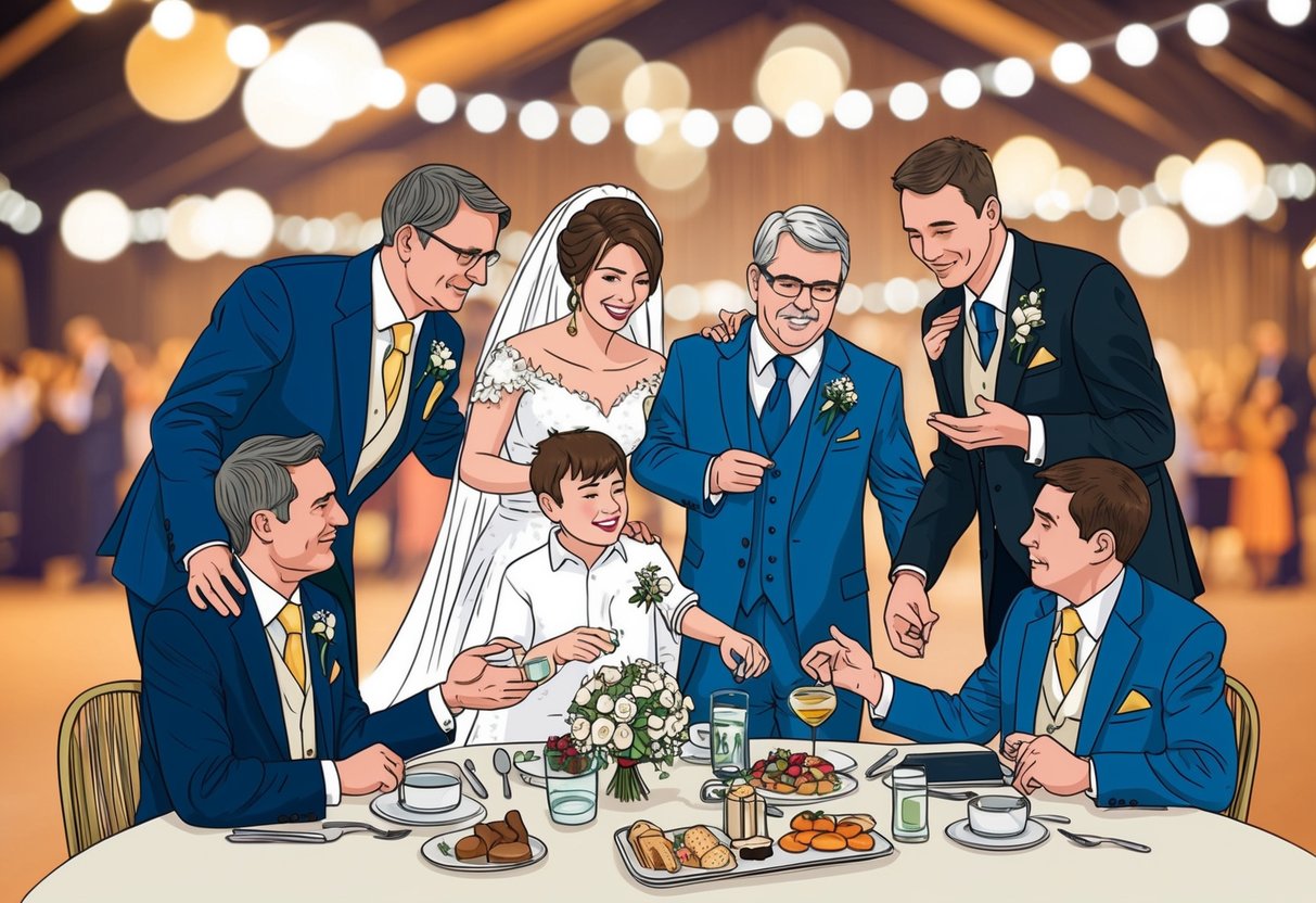 A groom's family contributes to wedding costs in the UK, such as venue, catering, and entertainment. An illustration could show a family discussing financial contributions for a wedding