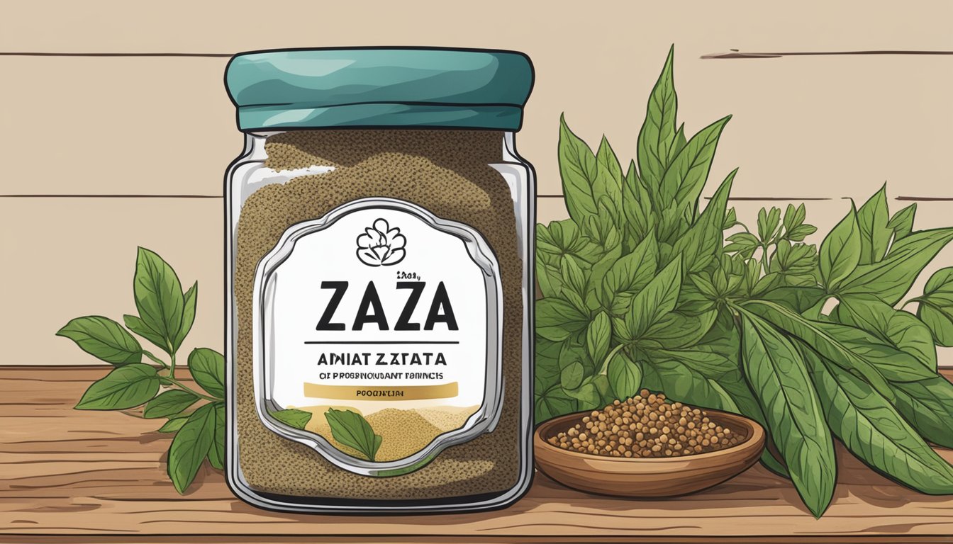 A small jar of za'atar sits on a wooden shelf, surrounded by other spices and herbs. The label on the jar indicates the expiration date, and the contents appear fresh and fragrant