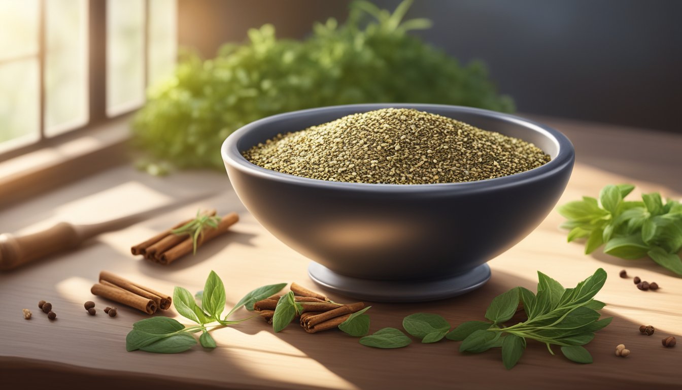 A small bowl of za'atar sits on a wooden table, surrounded by fresh herbs and spices. A gentle beam of sunlight illuminates the scene