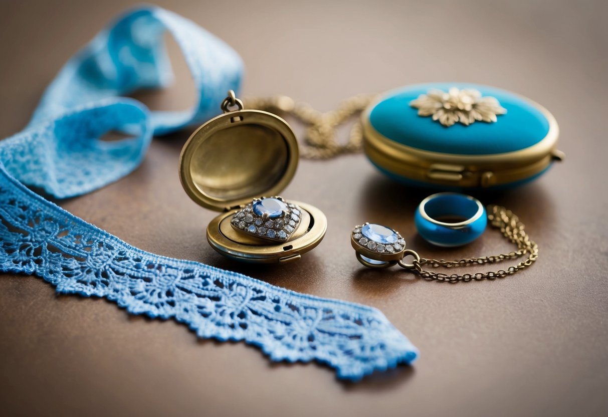 A vintage locket, a sparkling ring, a lace handkerchief, and a delicate blue ribbon laid out on a table