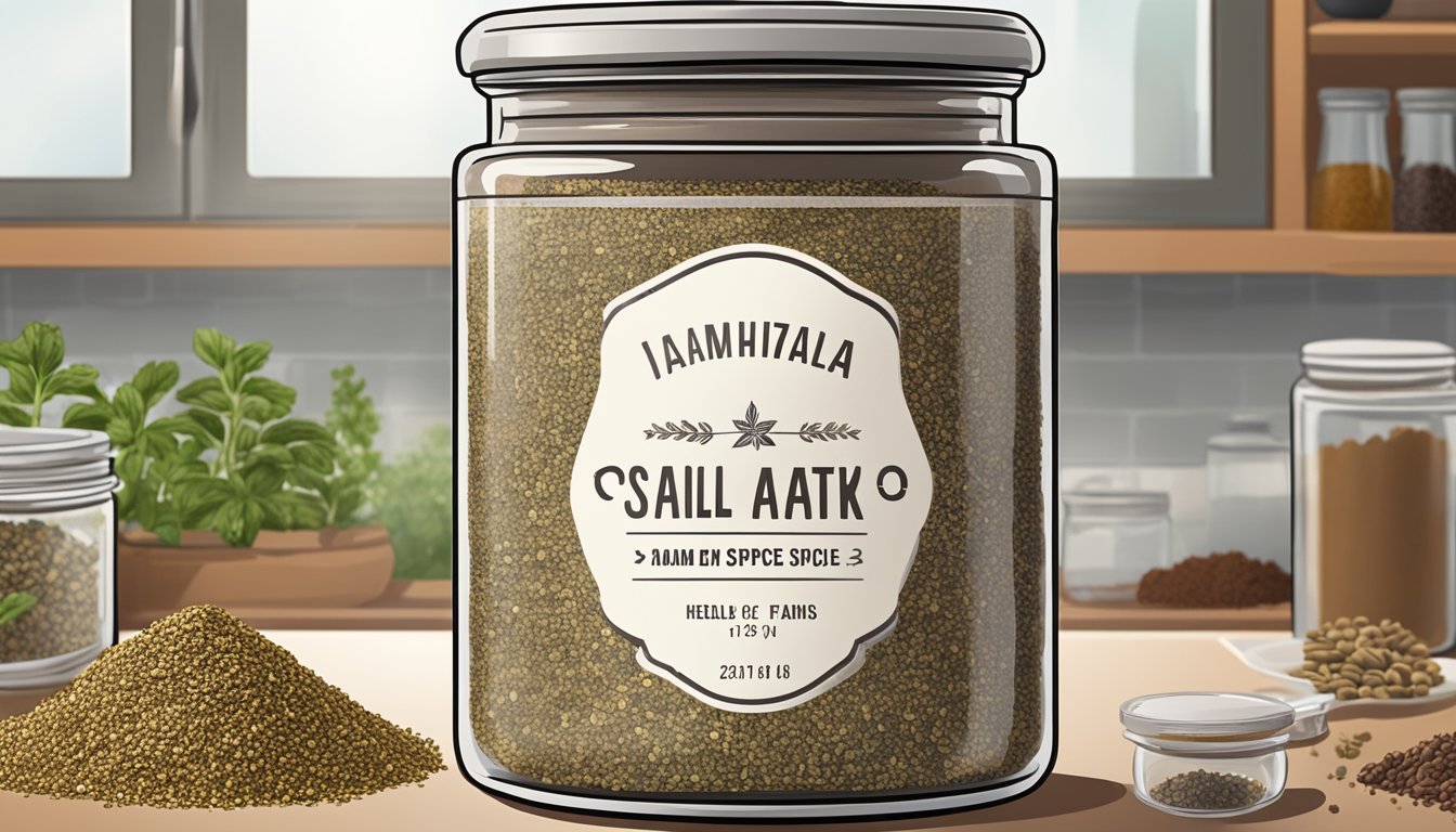 A small jar of za'atar spice mix sits on a kitchen shelf, surrounded by various other herbs and spices. The label on the jar indicates the date it was opened