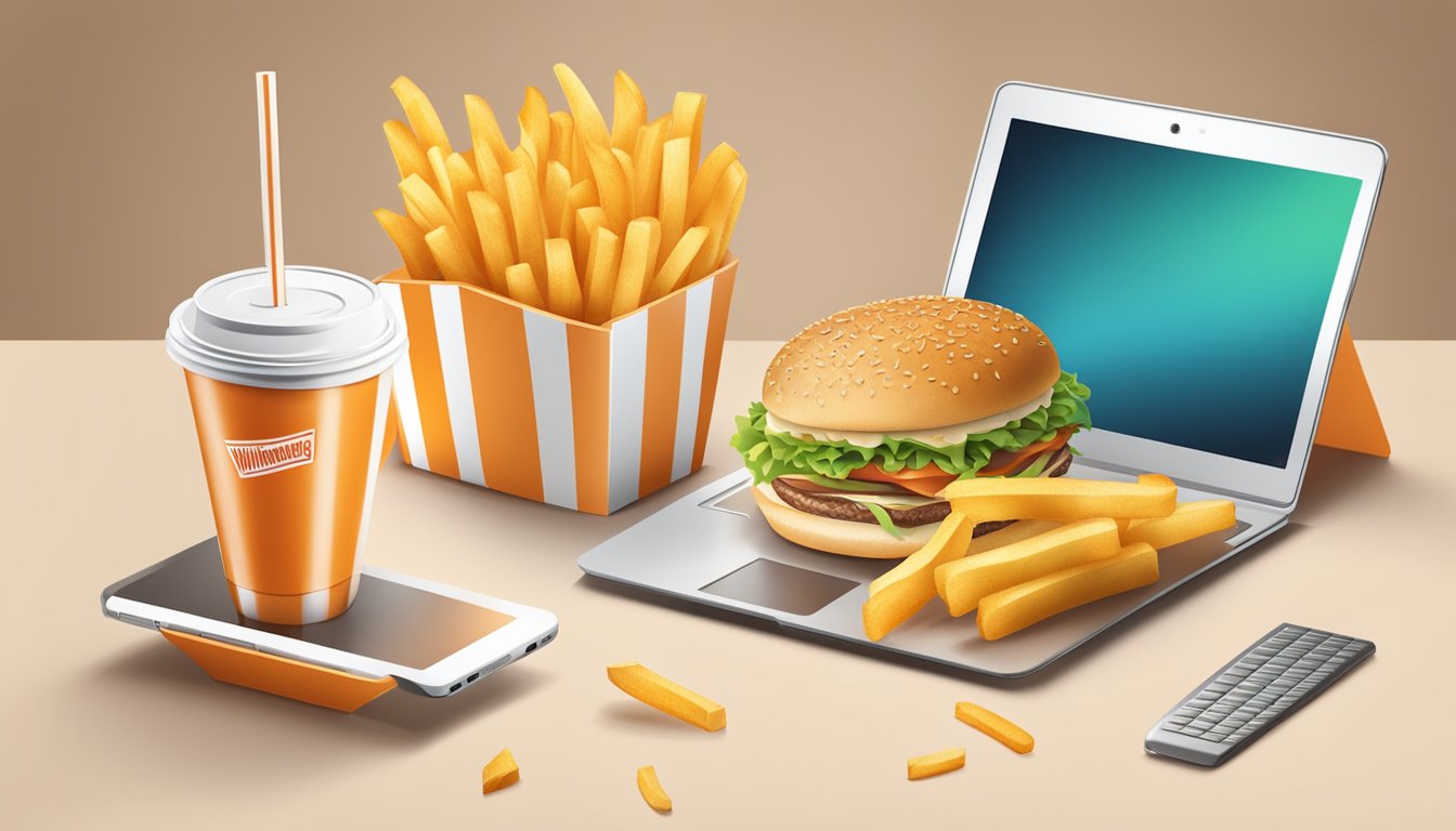 A juicy Whataburger with fries and a drink, surrounded by a digital coupon and a computer or smartphone