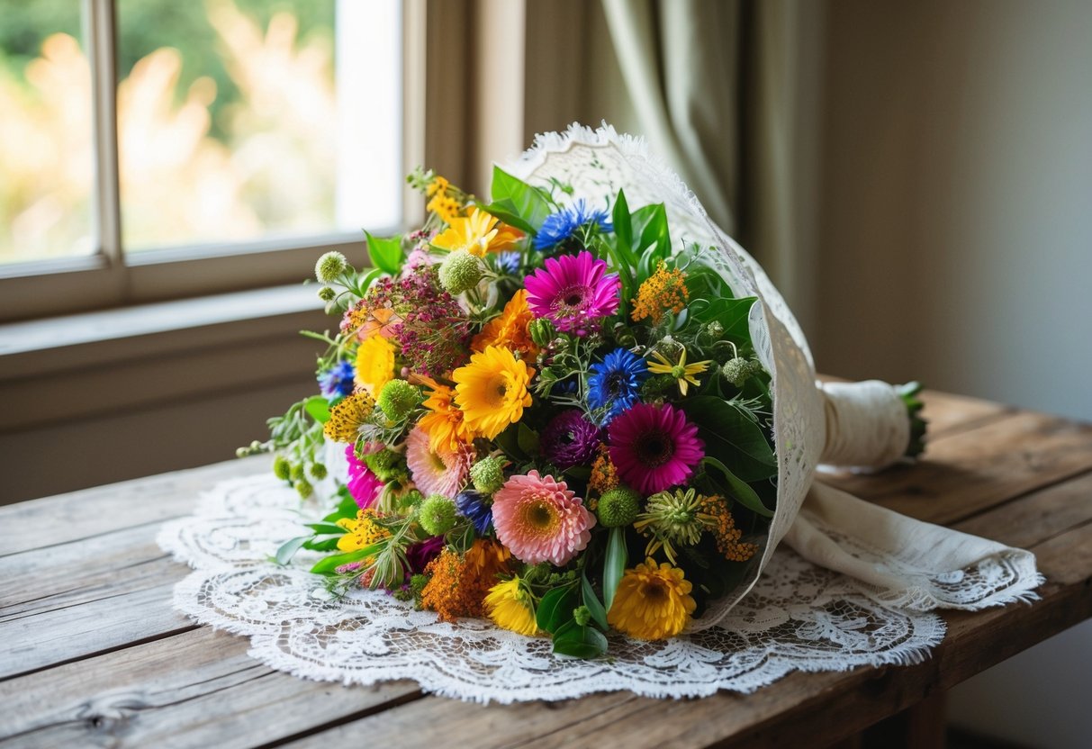 A bride's bouquet of vibrant wildflowers, wrapped in lace, rests on a rustic wooden table with soft sunlight streaming through a nearby window