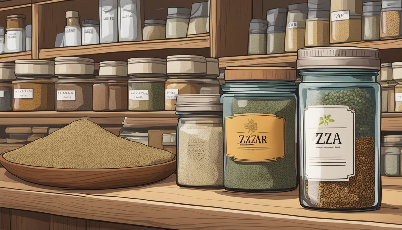 A jar of za'atar sits on a shelf next to other spices, with a label indicating the date of purchase. The jar is tightly sealed, keeping the contents fresh