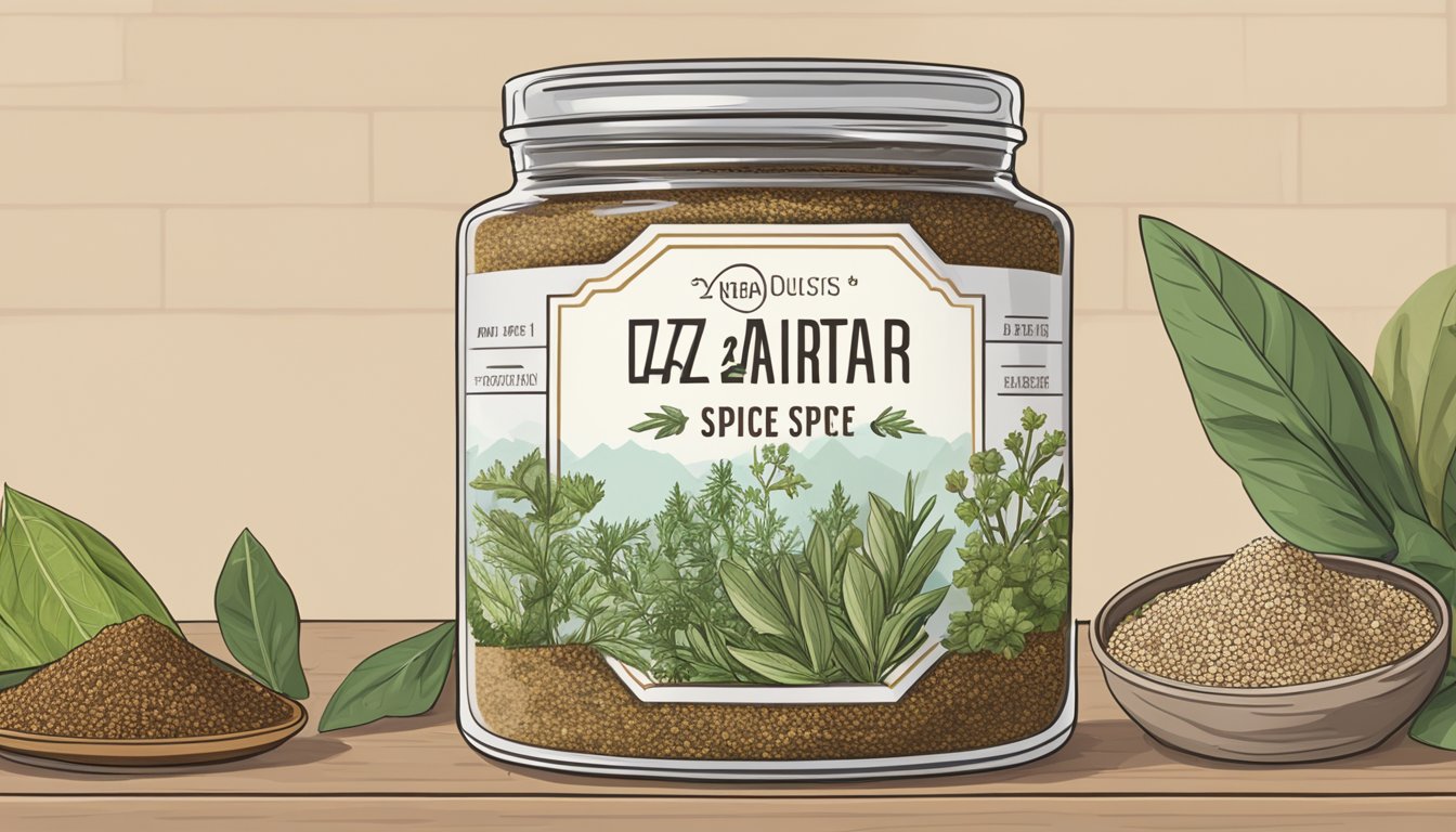 A jar of za'atar spice mix sits on a kitchen shelf, surrounded by other herbs and spices. The label on the jar indicates the date of purchase