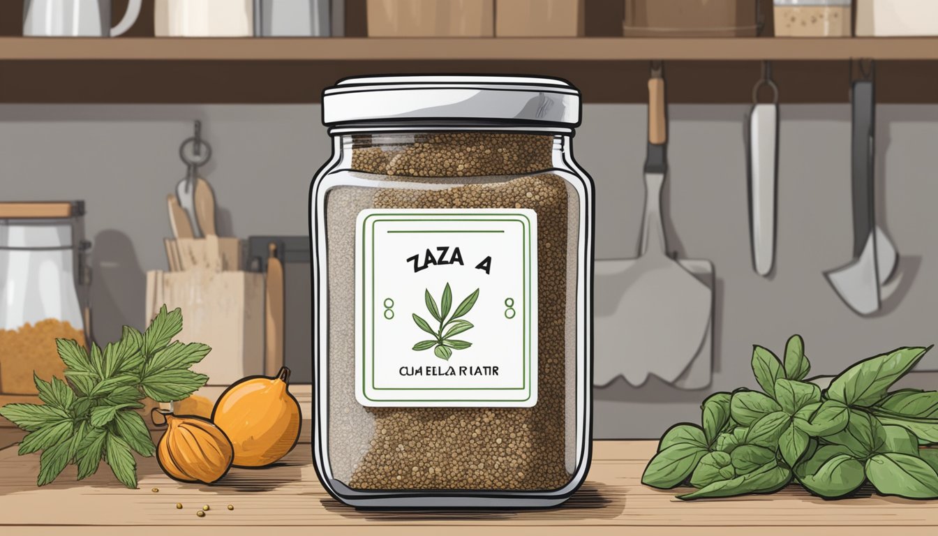 A small jar of za'atar sits on a kitchen shelf, surrounded by fresh herbs and spices. The label indicates the expiration date, while a chef's hand reaches for it