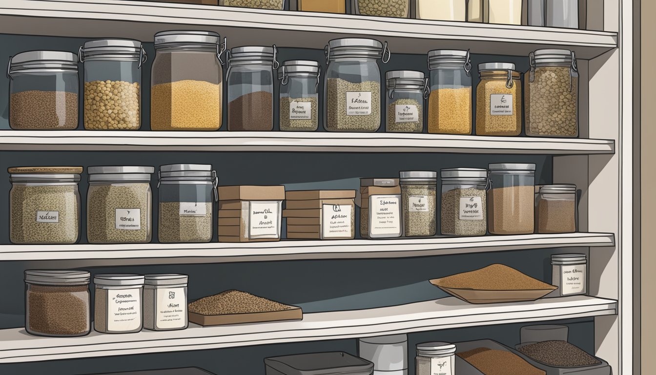 A jar of za'atar spice mix sits on a shelf, sealed and labeled with a date. Nearby, a pantry is organized with other spices in a cool, dry place