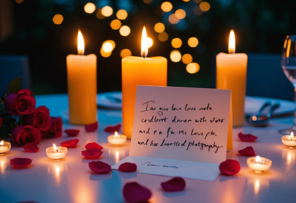 A candlelit dinner with scattered rose petals and a handwritten love note