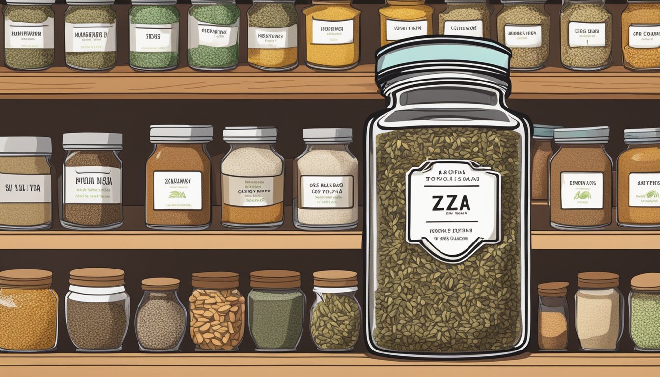 A jar of za'atar sits on a shelf next to other spices and herbs, with a label indicating the expiration date