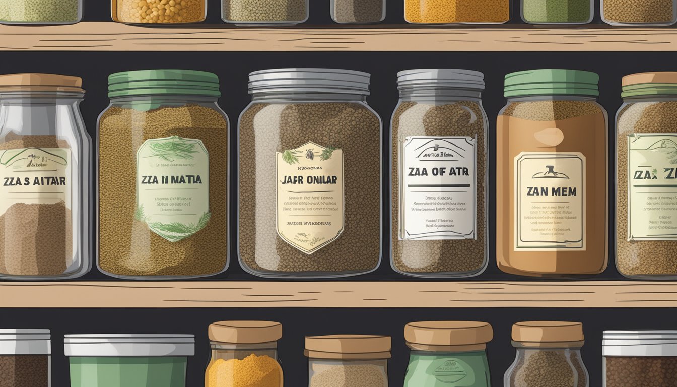 A jar of za'atar spice mix sits on a kitchen shelf, surrounded by other spices and herbs. The label on the jar indicates the expiration date