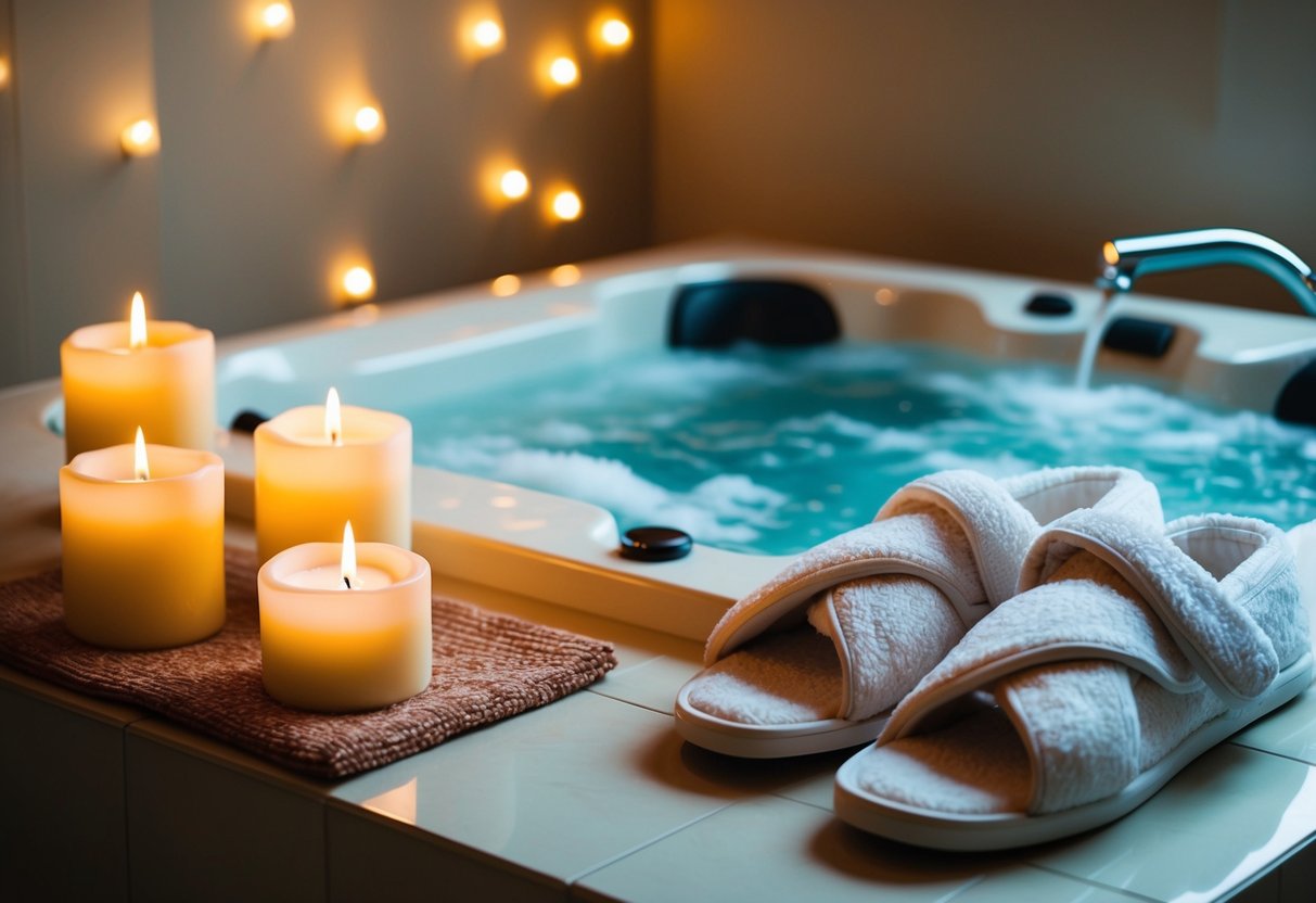 A cozy, candlelit spa with a plush robe and slippers awaiting the bride. A bubbling hot tub and soft music create a peaceful atmosphere