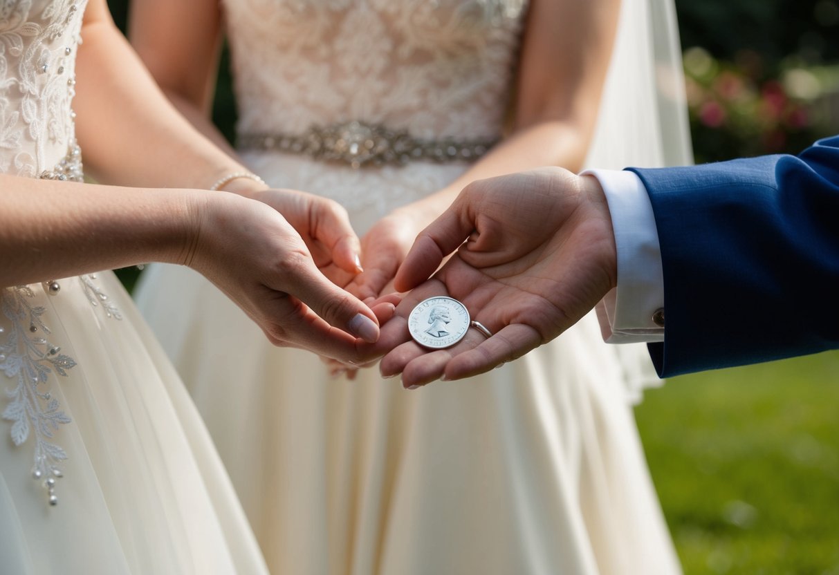 A bride's hand holds a sixpence, while a figure, possibly a family member or friend, presents it to her with a gesture of giving