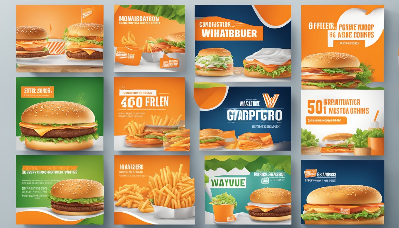 A colorful display of promotional banners and seasonal offer coupons for Whataburger