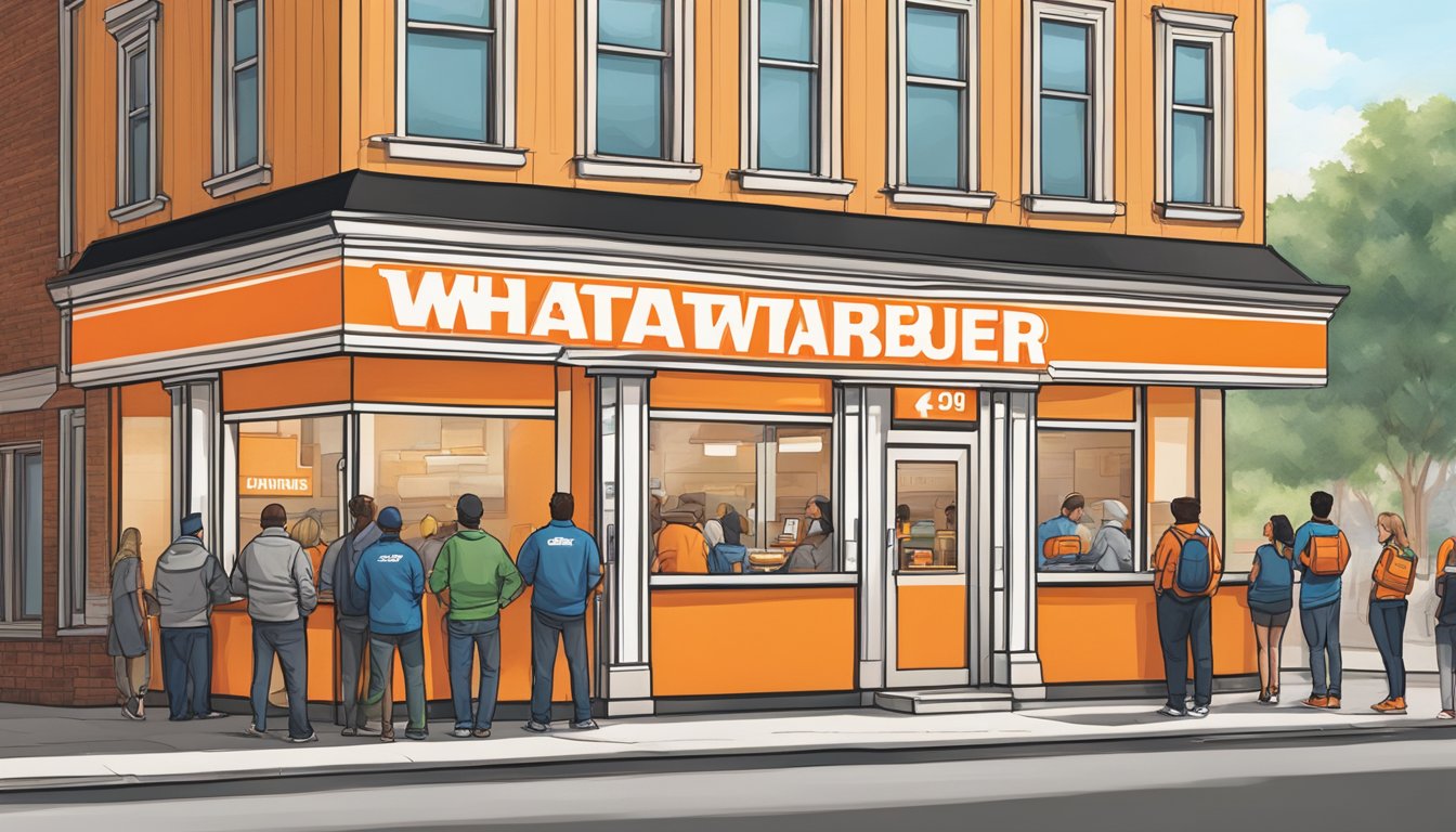 The Whataburger logo displayed on a storefront with a line of customers waiting to order