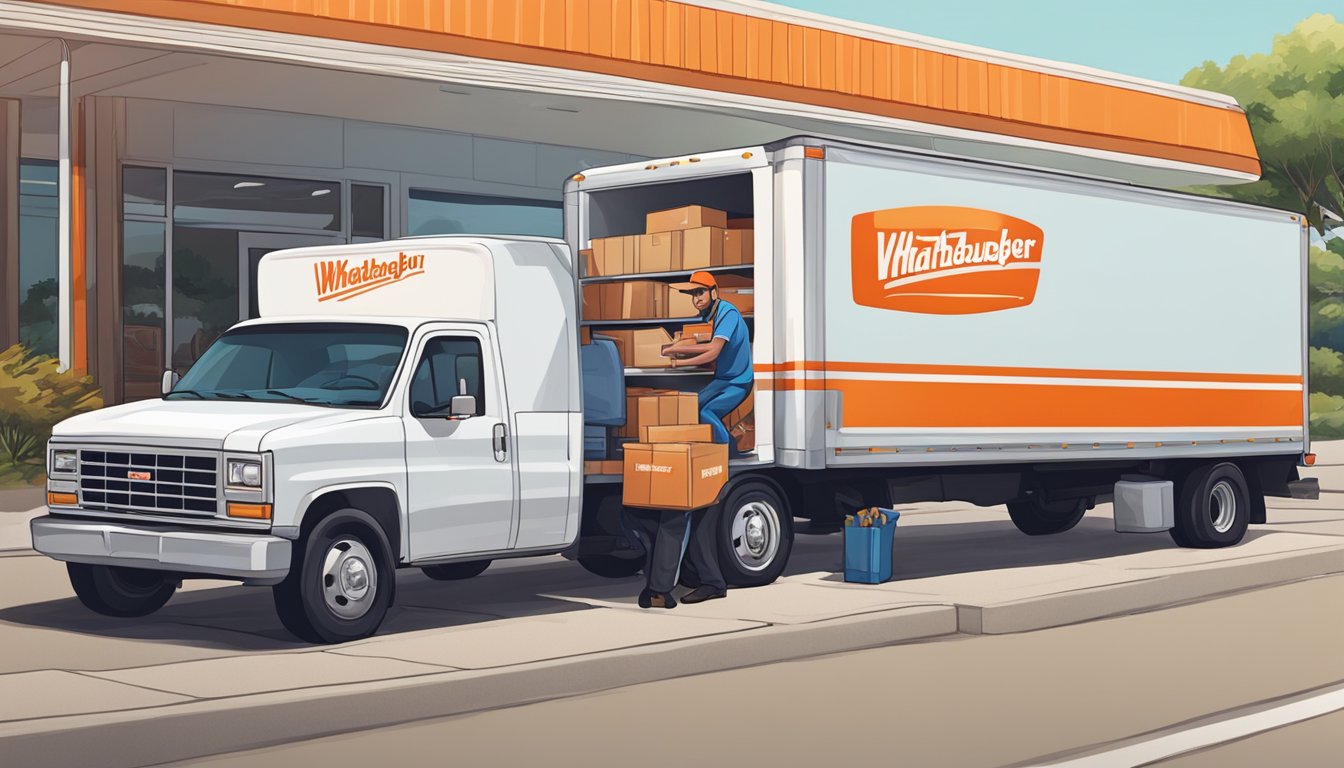 A delivery truck parked outside a Whataburger restaurant, with a driver unloading a stack of packages