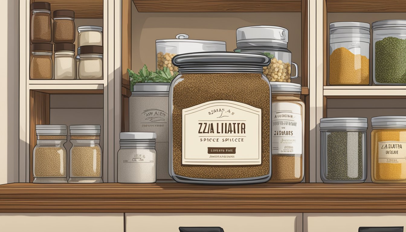 A jar of za'atar spice mix sits on a kitchen shelf, surrounded by various cooking ingredients and utensils. The label on the jar indicates the date of purchase