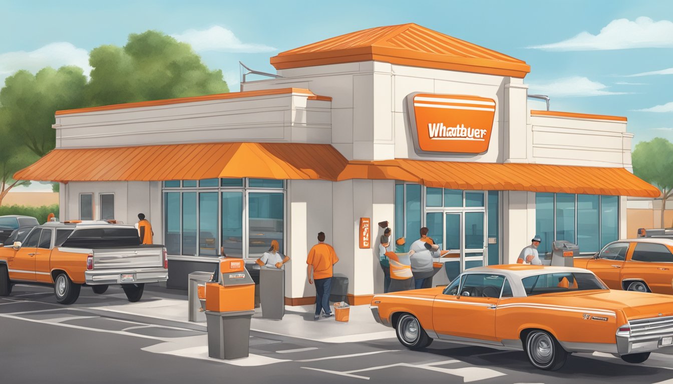 A bustling Whataburger restaurant with a drive-thru, outdoor seating, and employees working behind the counter