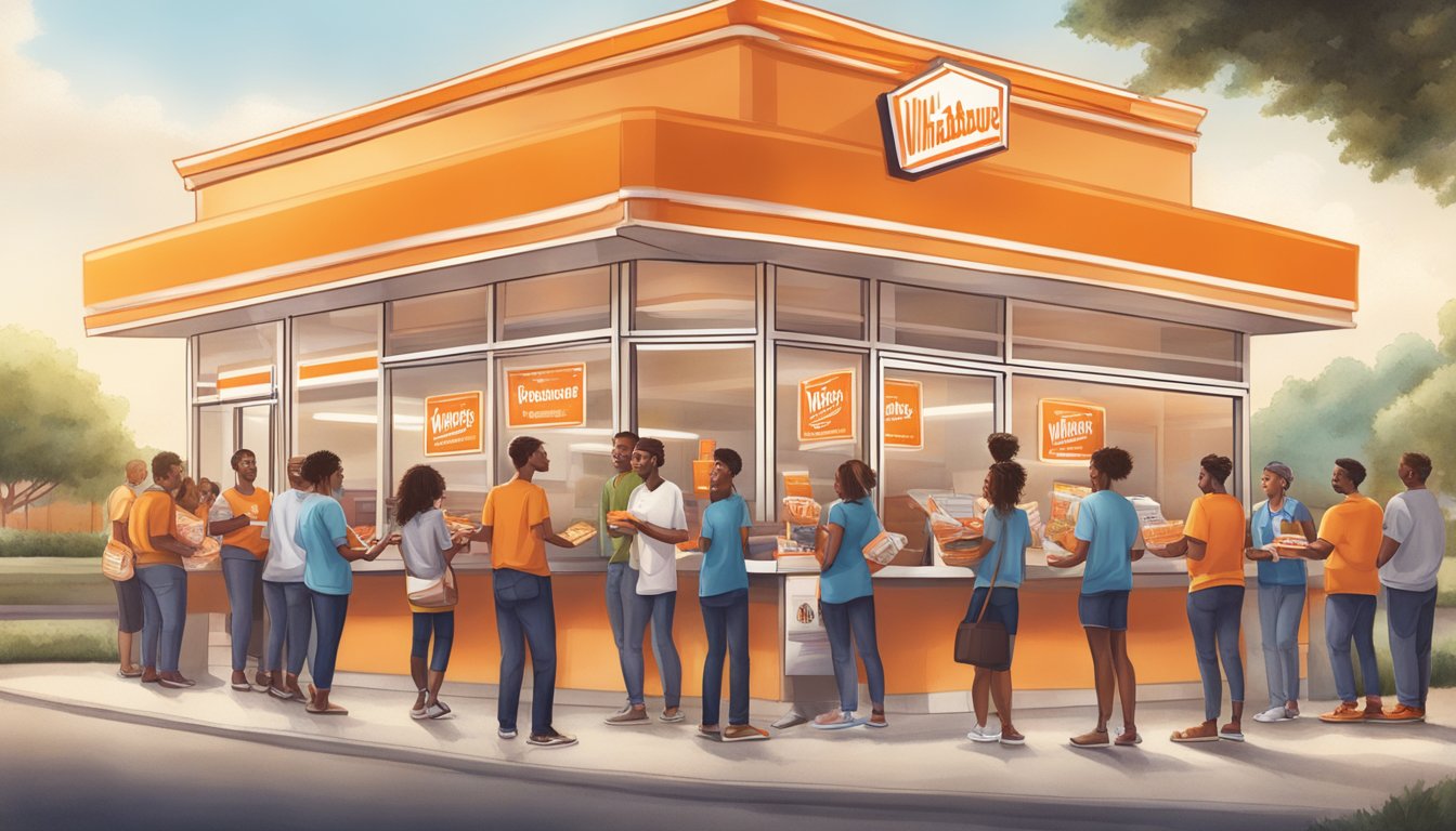 A group of people gathering around a WhatABurger restaurant, handing out coupons and engaging in charitable actions