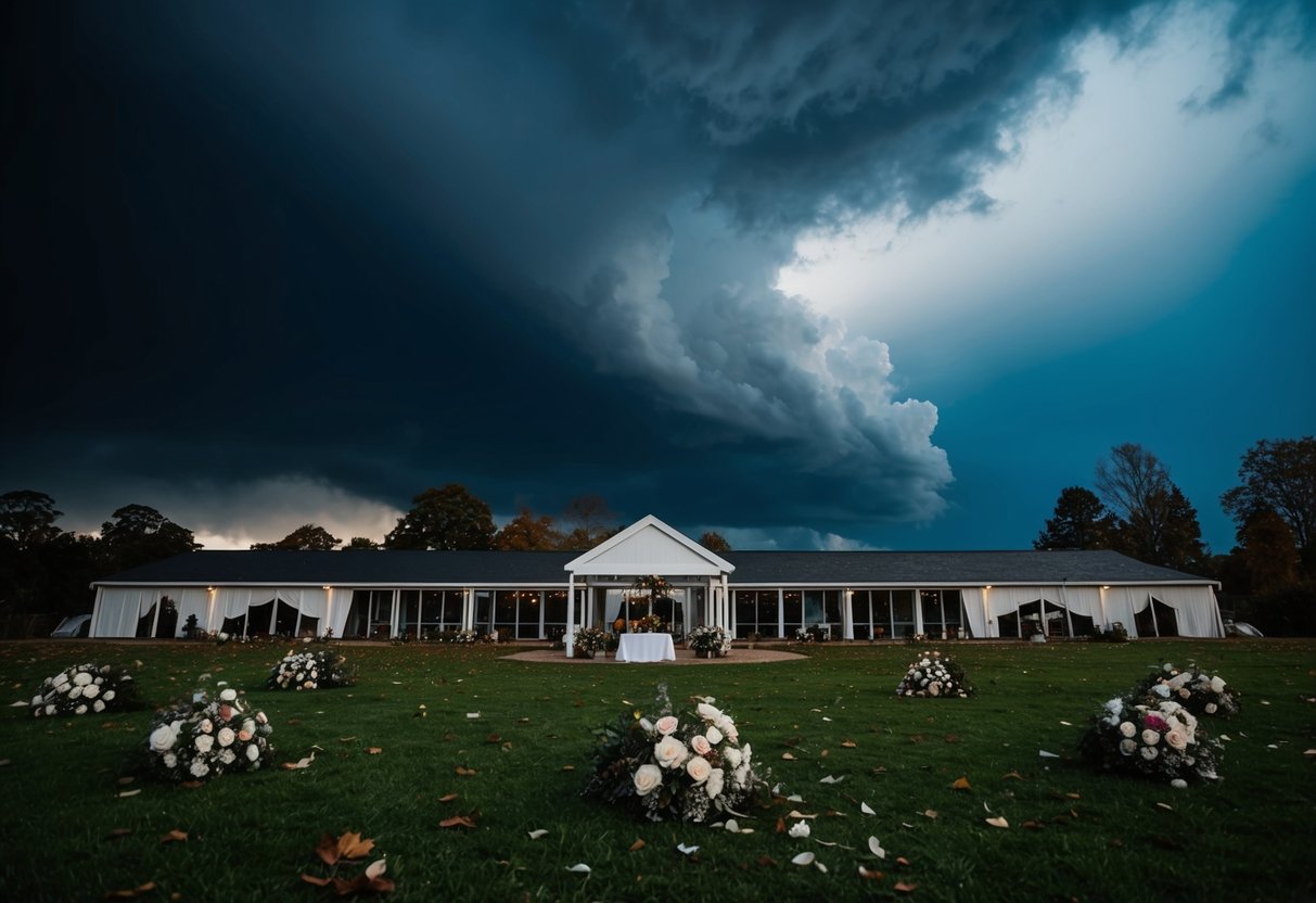 A dark, stormy sky looms over a deserted wedding venue in November, with wilted flowers and fallen decorations