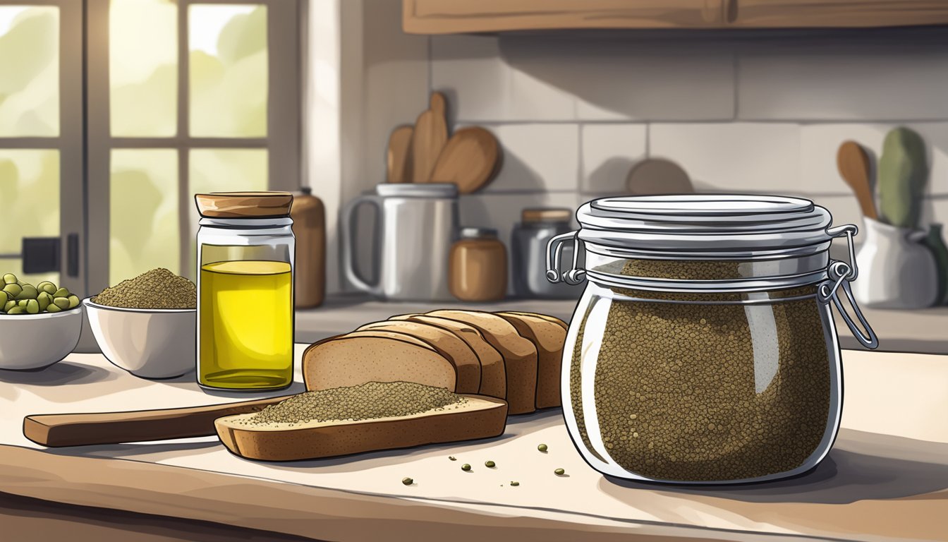 A jar of za'atar spice mix sits on a kitchen counter next to freshly baked bread, olives, and olive oil