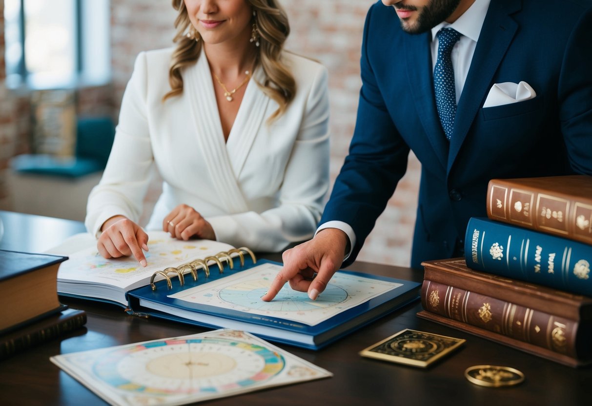 A wedding planner consulting astrological charts and numerology books, pointing to a specific month with a concerned expression