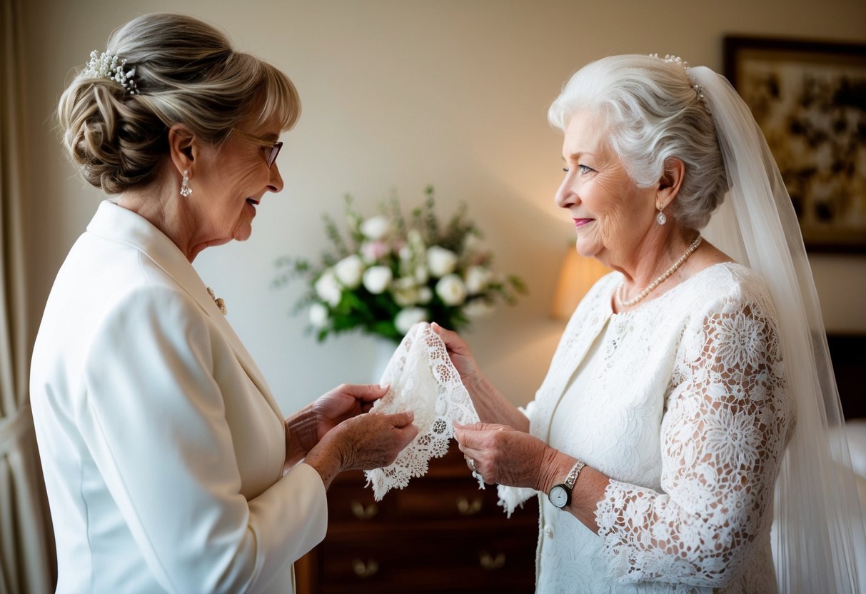 An elderly woman presents a delicate lace handkerchief to the bride