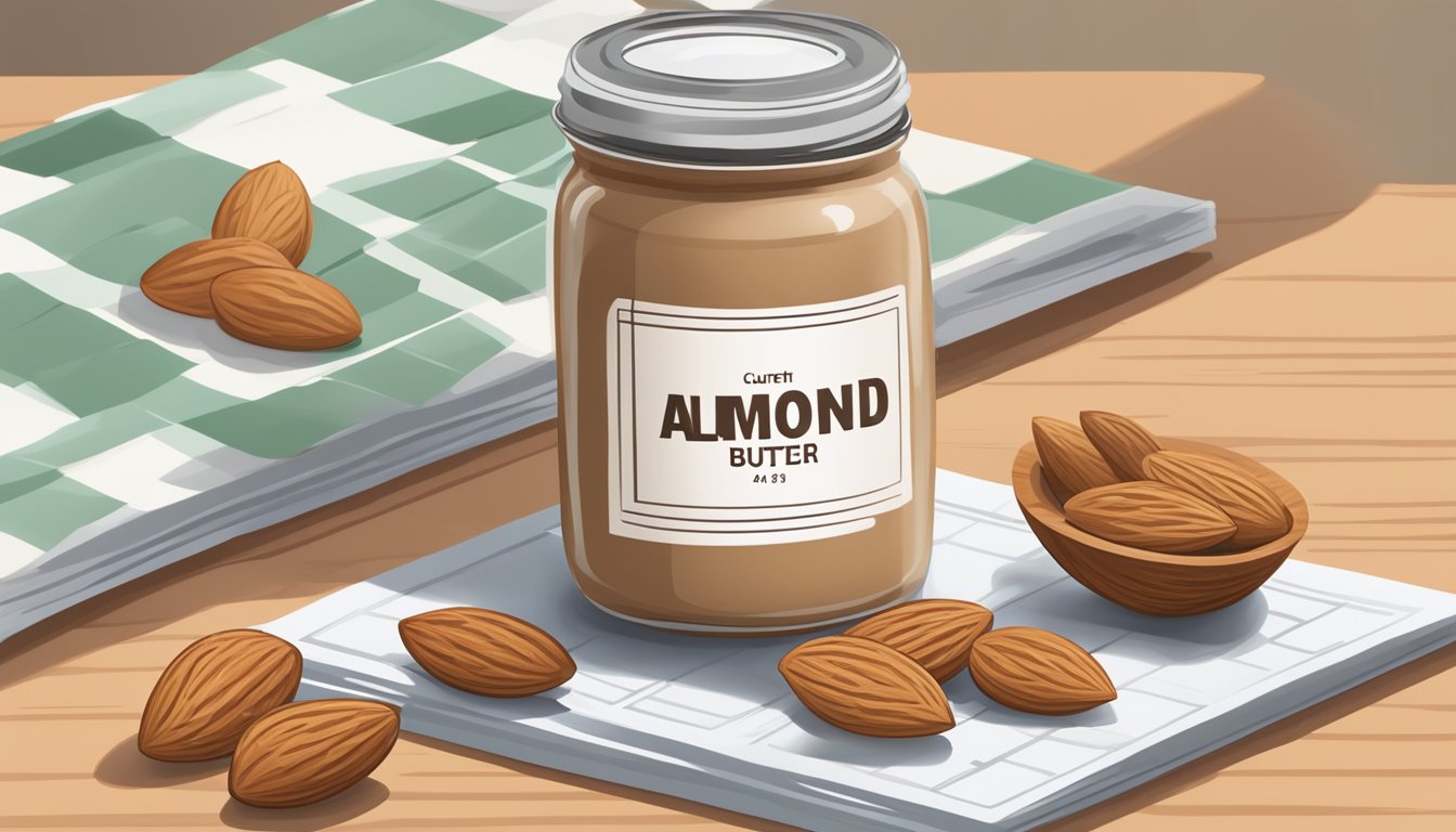 A jar of almond butter sits on a kitchen counter, surrounded by almonds and a calendar showing the current date and an expiration date