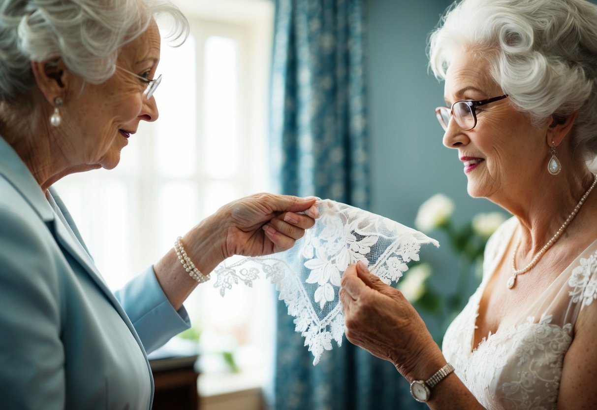 A grandmother handing down a delicate lace handkerchief to a young bride
